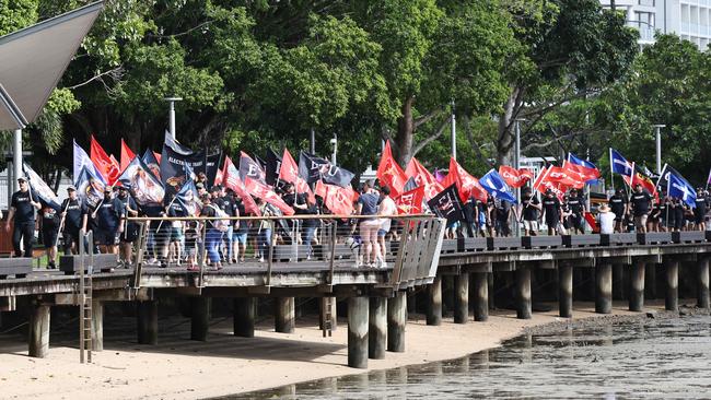 Union members walk together along the Cairns Esplanade boardwalk in the annual Labour Day march in Cairns City. Picture: Brendan Radke