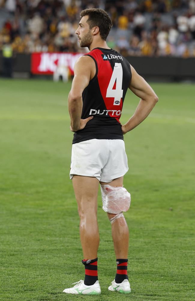 Kyle Langford of the Bombers with his hamstring iced after game. Picture: Michael Klein