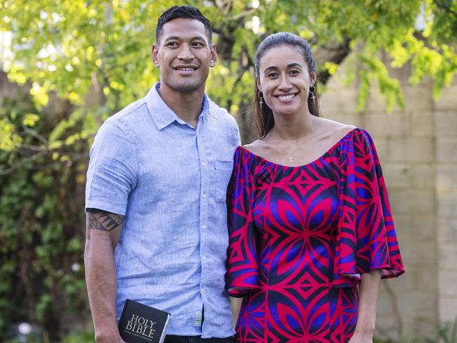 14/04/2019: Israel Folau with his wife Maria Folau at Kenthurst Uniting Church after a Sunday service. Hollie Adams/The Australian