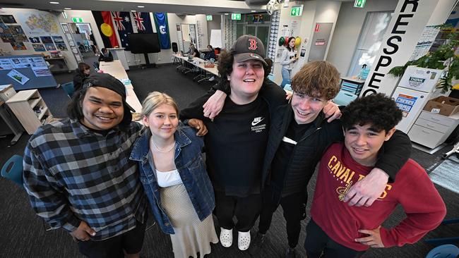 Queensland Pathways State College students Tariq, Ruby, Harry, Braith and Jager. Picture: Lyndon Mechielsen/The Australian