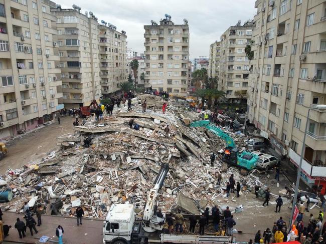 An aerial view of debris of a collapsed building in Osmaniye, Turkey. Picture: Muzaffer Cagliyaner/Anadolu Agency via Getty Images