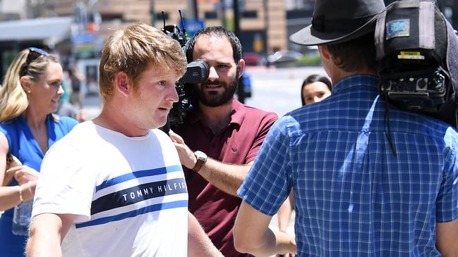 Michael Collins abused reporters as he left the Brisbane watchhouse. Picture: Dan Peled