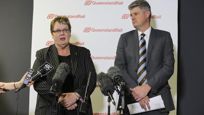 Former Queensland Rail CEO Helen Gluer and Transport Minister Stirling Hinchliffe. Picture: Mark Cranitch