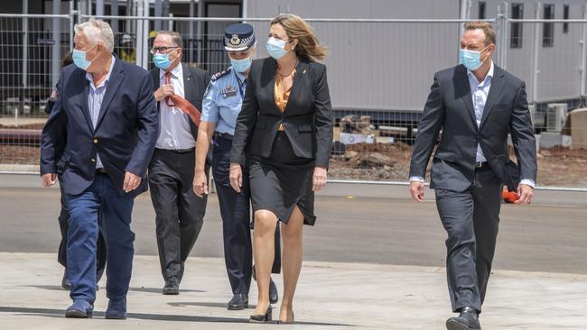 Premier Annastacia Palaszczuk and Deputy Premier Steven Miles with owner John Wagner (left) at Wellcamp in February. Picture: Nev Madsen