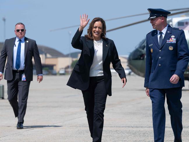 US Vice President Kamala Harris boards Air Force Two as she prepares for her first interview in Savannah, Georgia. Picture: AFP