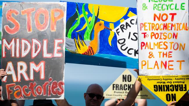 More than a hundred gathered to protest Middle Arm during public hearings in Darwin in April. Picture: Pema Tamang Pakhrin