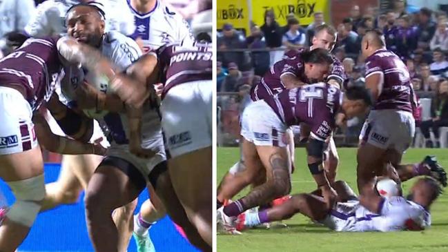 Justin Olam got put on his back. Photo: Fox Sports