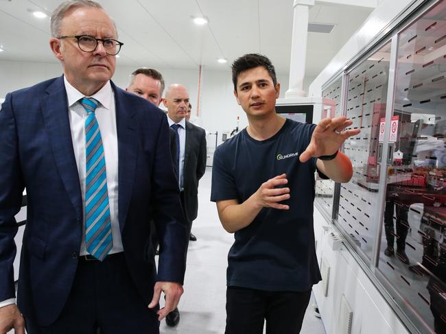 SYDNEY, AUSTRALIA: NOVEMBER 01 2023: The Prime Minister Anthony Albanese is in Sydney today and is joined by the Minister for Climate Change and Energy, Chris Bowen as they meet CEO and Founder of Sundrive Vince Allen (right) They attend the opening of the Sun Drive Solar Manufacturing Facility in Kurnell where the Prime Minister delivers a speech. Photo by: NCA Newswire /Gaye Gerard