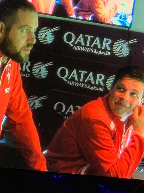 Finn Anscombe in the Sydney Swans coaches box with Buddy Franklin. Picture: Hepburn Football Club.