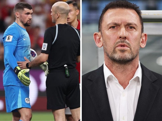 Maty Ryan argues the penalty call as Tony Popovic looks on. Photos: Getty Images