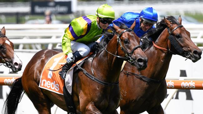 Jamie Kah wins the Blue Diamond Prelude for colts and geldings on General Beau in February. Picture: Racing Photos via Getty Images