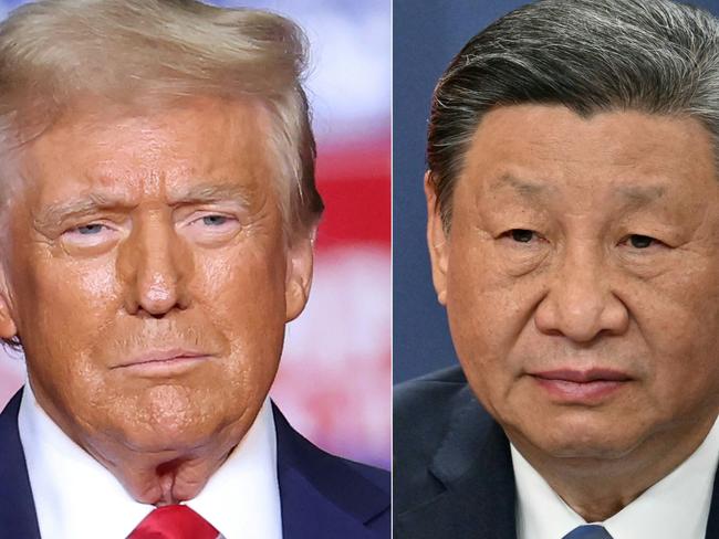 (COMBO) This combination of pictures created on November 07, 2024 shows former US President and Republican presidential candidate Donald Trump (L) looks on during a campaign rally at PPG Paints Arena in Pittsburgh, Pennsylvania on November 4, 2024, and Chinese President Xi Jinping (R) attends a press conference with Serbian President Aleksandar Vucic (not pictured) after signing bilateral documents, in Belgrade, on May 8, 2024. Chinese President Xi Jinping on November 7, 2024 said Beijing and Washington must find a way to 