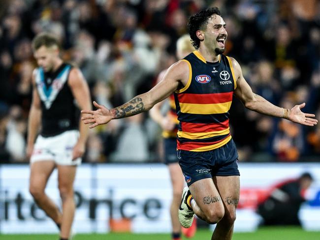 ADELAIDE, AUSTRALIA - MAY 02:   Izak Rankine of the Crows   celebrates a goalduring the round eight AFL match between Adelaide Crows and Port Adelaide Power at Adelaide Oval, on May 02, 2024, in Adelaide, Australia. (Photo by Mark Brake/Getty Images)