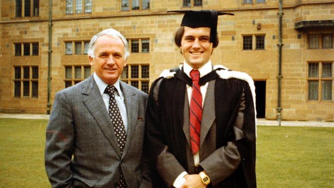 A young Malcolm Turnbull with father Bruce Turnbull at Sydney University for his graduation in Bachelor of Arts, Bachelor of Law.