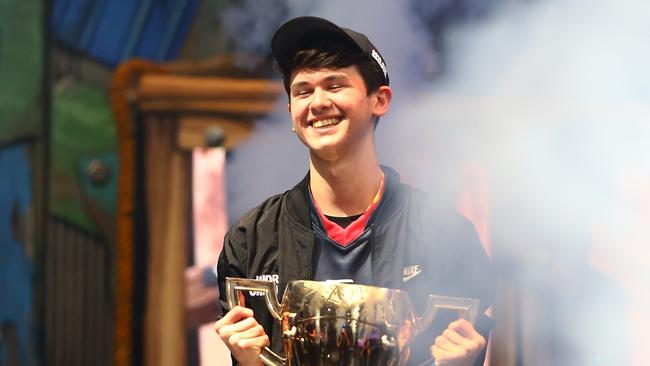 Happy camper: Kyle ‘Bugha’ Giersdorf celebrates after winning the Fortnite World Cup solo final. Picture: AFP