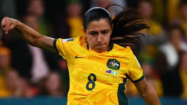 Australia's midfielder #08 Alex Chidiac shoots on goal during the Australia and New Zealand 2023 Women's World Cup Group B football match between Australia and Nigeria at Brisbane Stadium in Brisbane on July 27, 2023. (Photo by Patrick Hamilton / AFP)