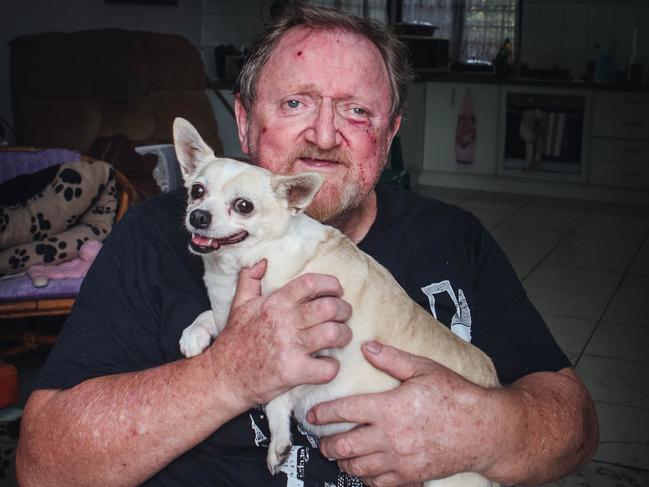 Jimmy Marshall, who was robbed in his Malak home by a group of young people overnight. They smashed through a glass door, knocked him from his wheelchair and bashed him before driving off in his car. Picture: Glenn Campbell