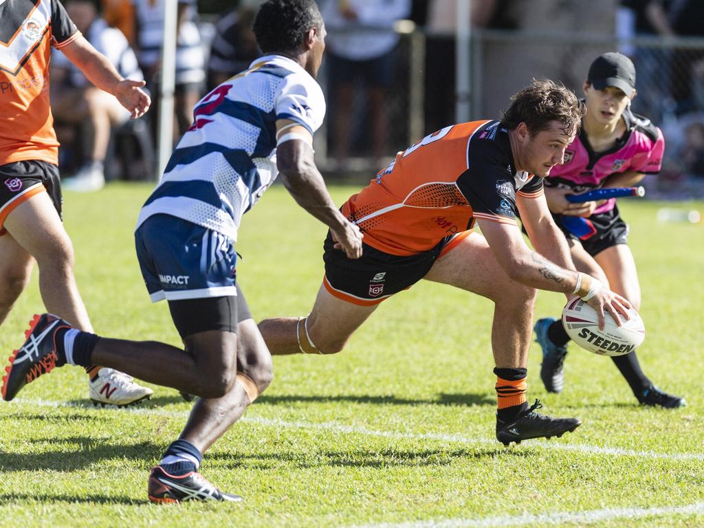 Wade Austin gets over for a Southern Suburbs try against Brothers in TRL A Grade at Gold Park, Sunday, April 23, 2023. Pictures: Kevin Farmer.