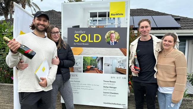 Lucky purchasers (left) with happy vendors (right) at 7/18 The Corso, Parkdale.