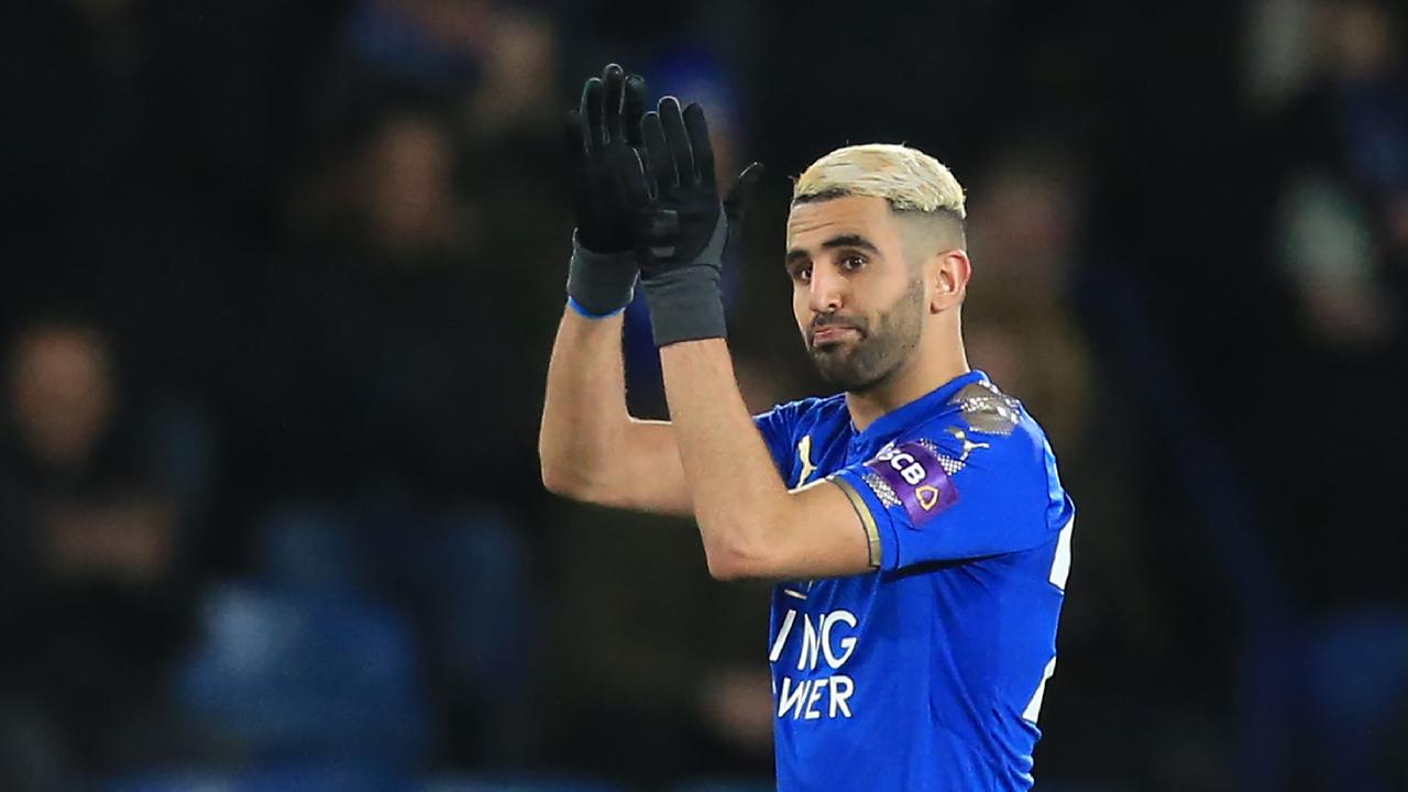 Algerian midfielder Riyad Mahrez applauds the Leicester City fans.