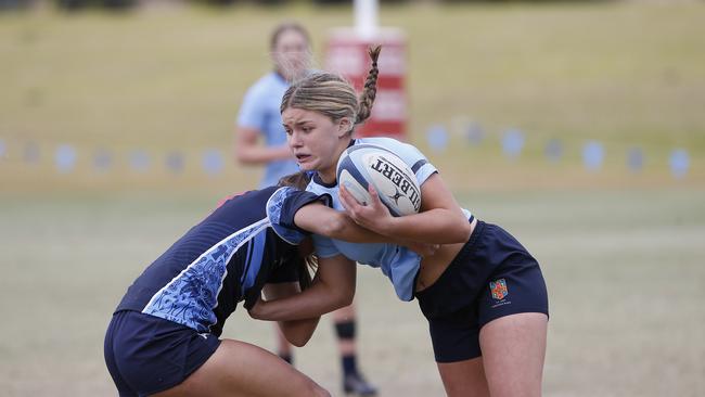 Lacey Cross with the ball at NSW Schools rugby union trials at Eric Tweedale Oval. Pic: John Appleyard