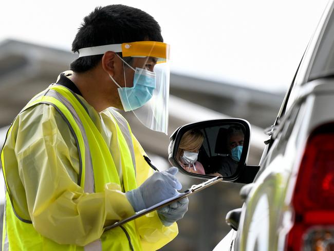 NSW health care workers at the Prestons Drive-through COVID-19 coronavirus testing clinic, in Sydney. Picture: NCA NewsWire/Bianca De Marchi