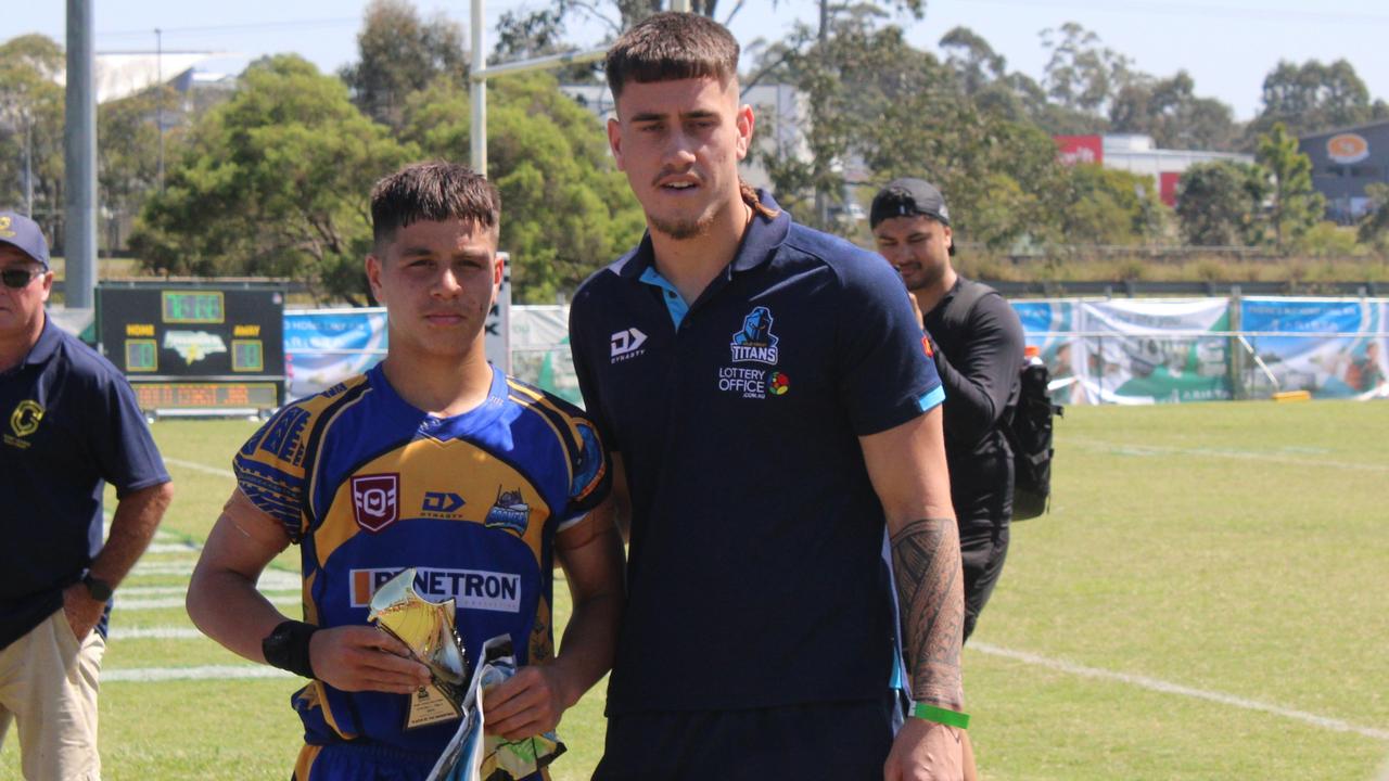 The under 14 Division 1 grand final Man of the Match last year - Noah Te Kiri, left, of the Coomera Cutters.