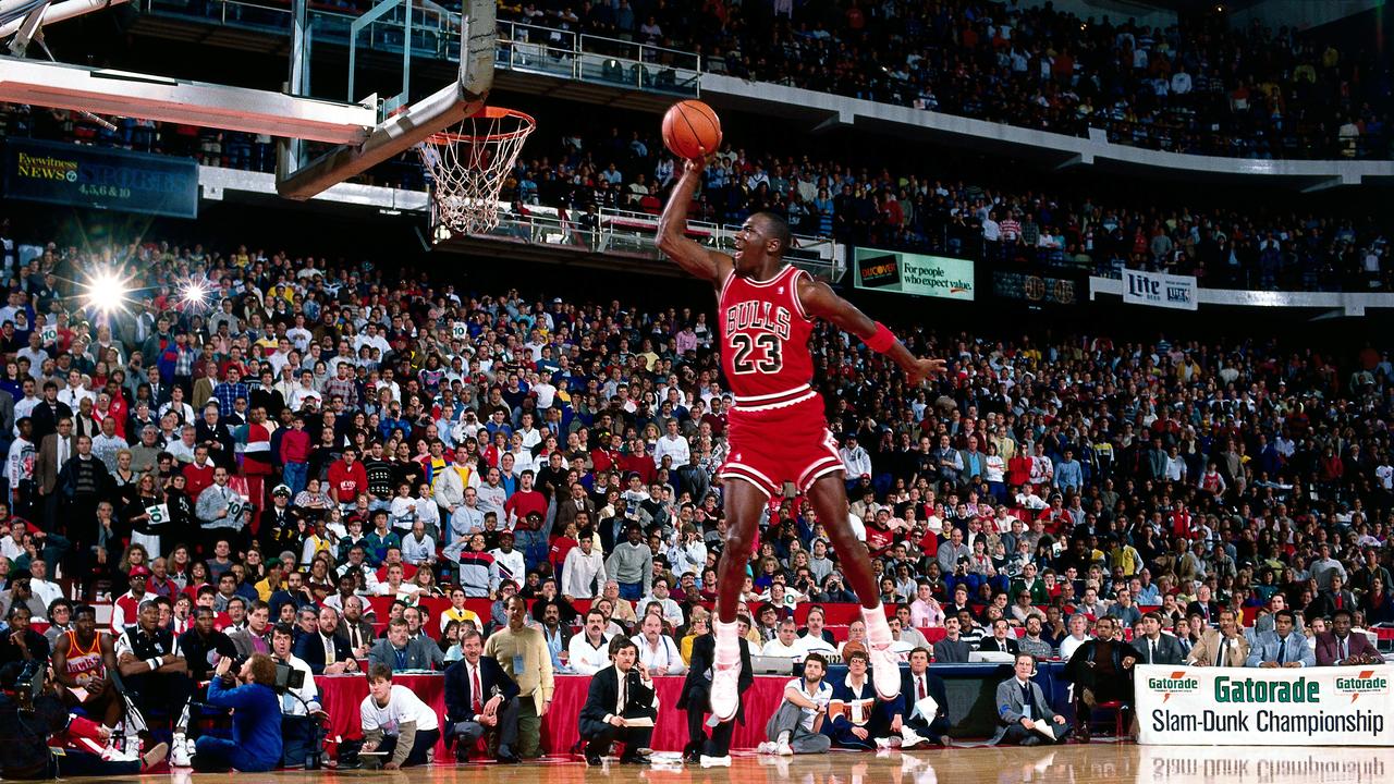 Michael Jordan’s iconic dunk during the 1988 NBA All Star Slam Dunk Competition. Picture: Andrew D. Bernstein/NBAE/Getty Images