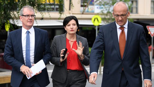 Jodi McKay, flanked last year by her two leader predecessors, Michael Daley and Luke Foley.