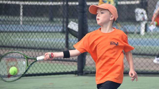 Players on court at the JDS Central Region tournament at the Rockhampton Regional Tennis Centre on July 14, 2024.
