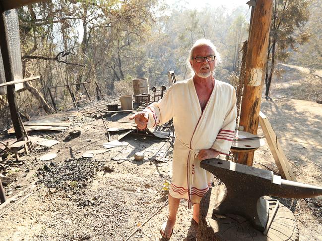 10/11/2019: Wytaliba resident Tony Keating was lucky to only loose his sheds, but saved his home, during a fierce bush fire that also claimed the lives of 2 people in the area, and burnt out many  peoples  houses  at Wytaliba  located deep in a remote valley east of Glen Innes, NSW. Lyndon Mechielsen/The Australian