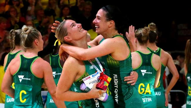CAPE TOWN, SOUTH AFRICA - AUGUST 05: Australia celebrate winning the Netball World Cup 2023, Semi Final 2 match between Jamaica and Australia at Cape Town International Convention Centre, Court 1 on August 05, 2023 in Cape Town, South Africa. (Photo by Shaun Roy/Gallo Images/Netball World Cup 2023)
