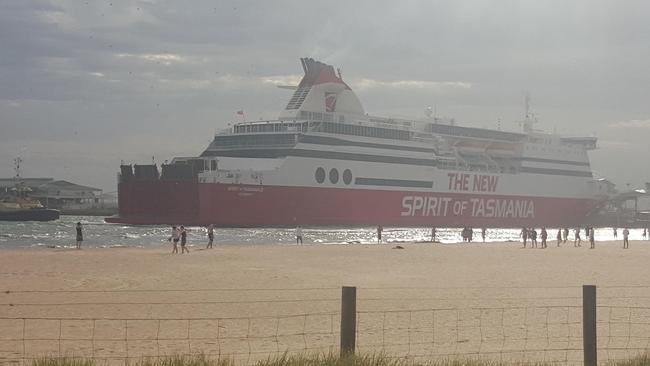 The Spirit of Tasmania drifts at the height of the storm. Picture: Alex Young.