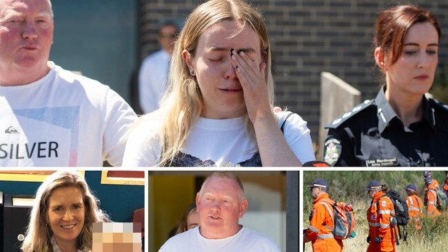 Clockwise from main: Jess Murphy with Acting Inspector Lisa MacDougall outside Ballarat West Police Station on Thursday; SES crews search bushland on Thursday; husband Mick Murphy; Samantha Murphy. Picture: Nicki Connolly / NCA NewsWire