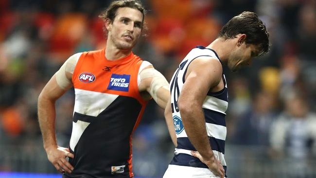 A dejected Tom Hawkins after the siren. Picture: Getty Images