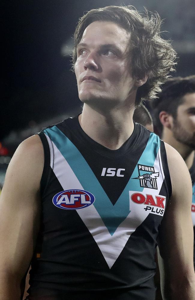 Jared Polec leaves Adeladie Oval playing field after his final game for the Power. Picture Sarah Reed