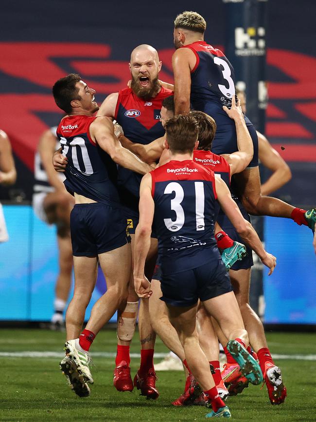 Gawn mobbed by Dees teammates. Picture: Michael Klein