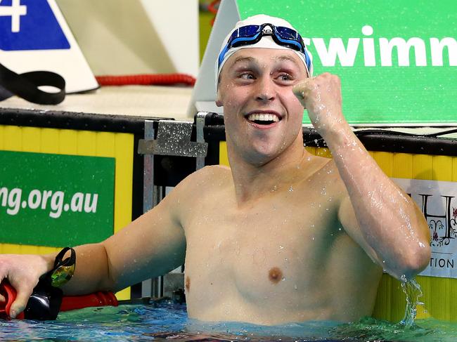SWIMMING - Hancock Prospecting 2016 Australian Swimming Championships at SA Aquatic Centre. Men 200 LC MEtre Backstroke final. An excited Joshua Beaver came in second to Mitch Larkin. Picture Sarah Reed