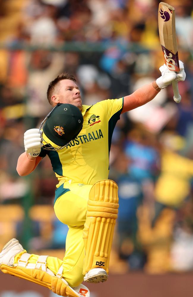 David Warner celebrates after reaching triple figures against Pakistan. Picture: Getty Images