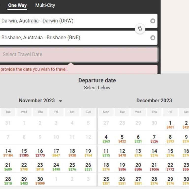 Darwin airfares to Brisbane in November and December 2023.