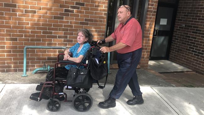 Mr Hanslow wheels his terminally ill wife out of court. Picture: Alex Turner-Cohen/news.com.au