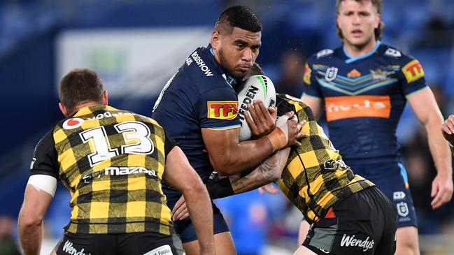 He’s just 20, but already exciting forward Moeaki Fotuaika has proven himself invaluable to the Gold Coast Titans. Picture: Bradley Kanaris/Getty Images