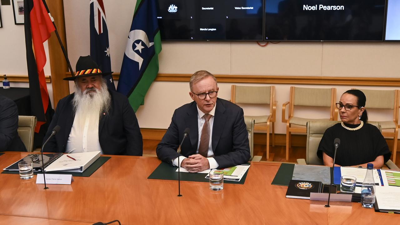 Senator Patrick Dodson, Prime Minister Anthony Albanese and Indigenous Affairs Minister Linda Burney at a meeting of the Referendum Working Group earlier this year. Picture: NCA NewsWire / Martin Ollman