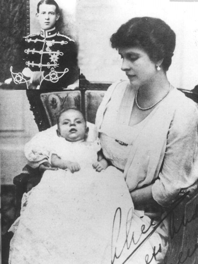 Philippos as he was formally registered, was sixth in line to the Greek throne when he was born in 1921 to Princess Alice of Battenberg, pictured holding her only son, and Prince Andrew of Greece and Denmark, inset. The family was exiled when Philip was just 18 months after Greece’s defeat in the Greco-Turkish War, with the youngster carried to safety in an orange crate. Picture: Supplied