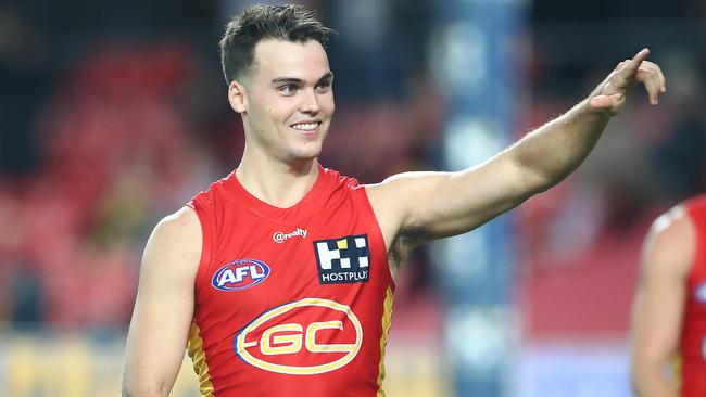 Suns player Jack Bowes thanks fans after a Round 4 win over Fremantle. Picture: Getty Images