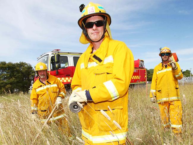 Firefighters Ashley McPhee, Ross Johnson and Neil Hickman from Modewarre CFA. The CFA are warning of high fire risk due to strong growth and hot weather. Picture: Alan Barber