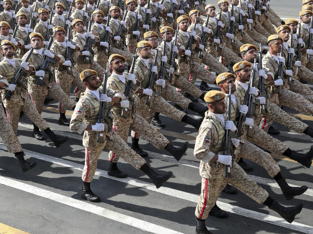 Iranian army troops at the missile unveiling parade. Picture: AP