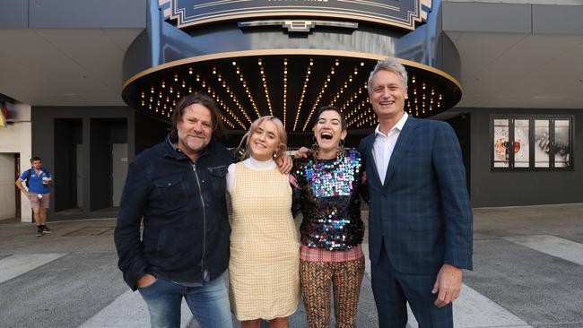 Fortitude Music Hall co-owners John Collins (left) and Scott Hutchinson with performers Tia Gostelow (second from left) and Patience Hodgson at the new 3300-capacity venue in Brisbane’s Fortitude Valley. Picture: Lyndon Mechielsen.