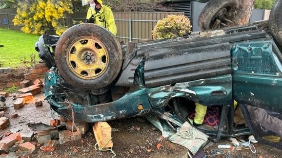 The man’s RAV 4 ended up on its roof in the crash at Clapham. Picture: SA Police