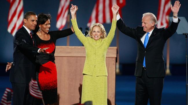 President-elect Barack Obama and his wife Michelle wave to their supporters along with vice-president-elect Joe Biden and his wife Jill after Mr Obama gave his victory speech during an election night gathering on November 4, 2008 in Chicago, Illinois.